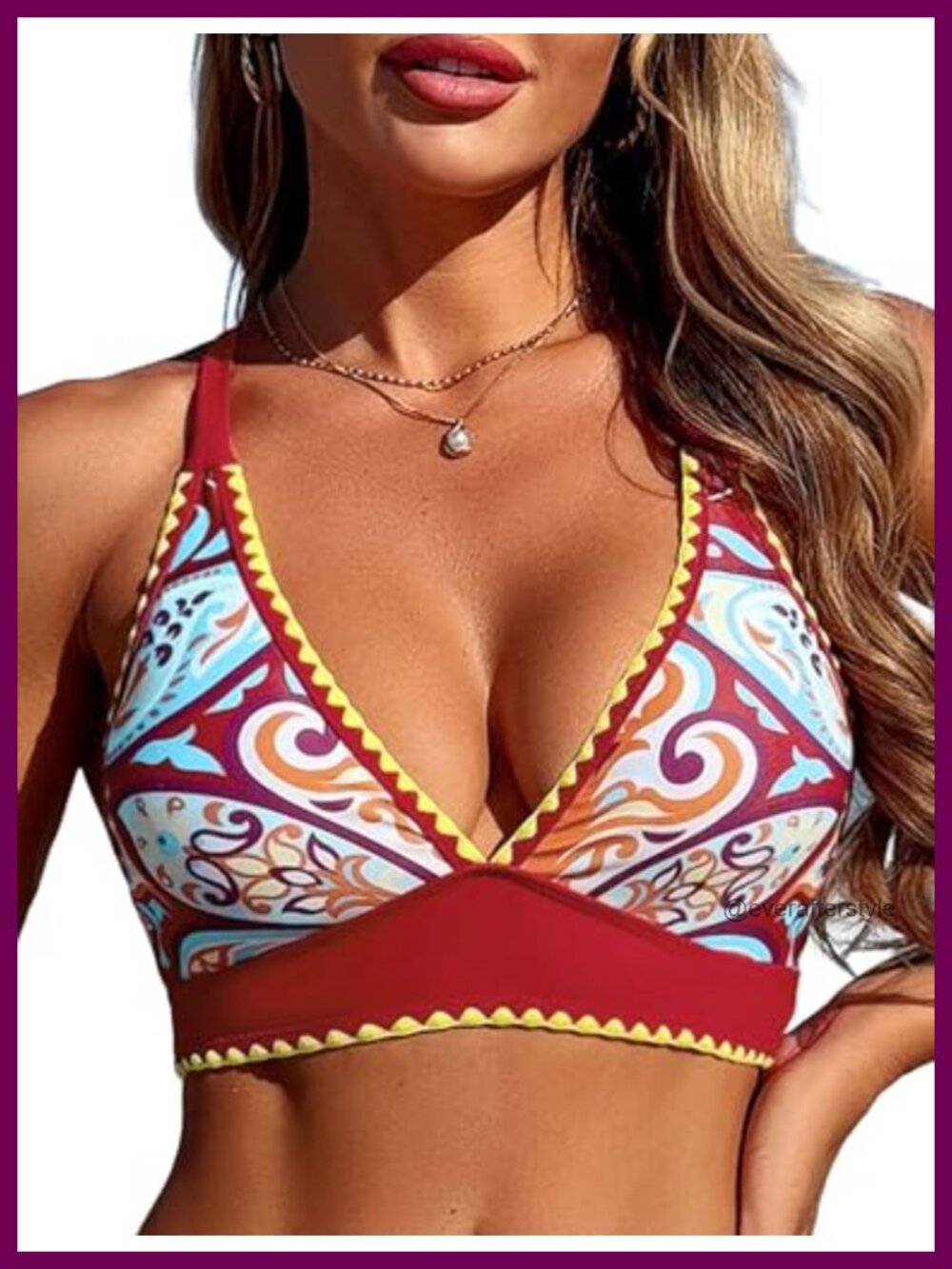 V Neck Colorblock Bikini Top Push Up Adjustable Straps Padded Swim Top